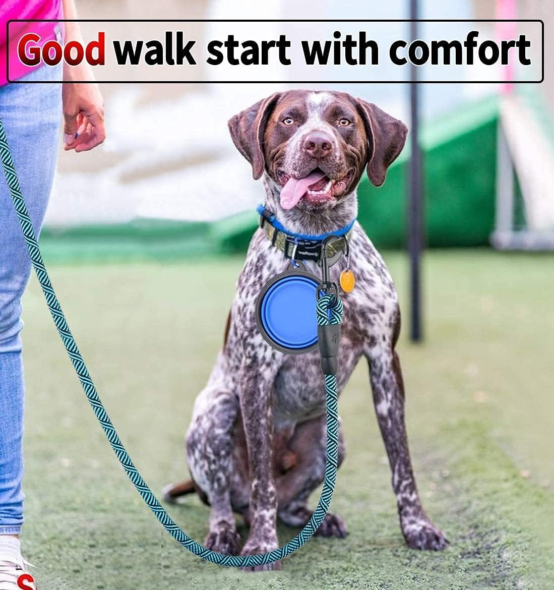 Dog Leash 10FT Thick Durable Nylon Rope - Comfortable Padded Handle Non Reflective Rope Dog Leash for Medium Large Dogs with Collapsible Pet Bowl and Garbage Bags (Non-Reflective10 FT -Blue