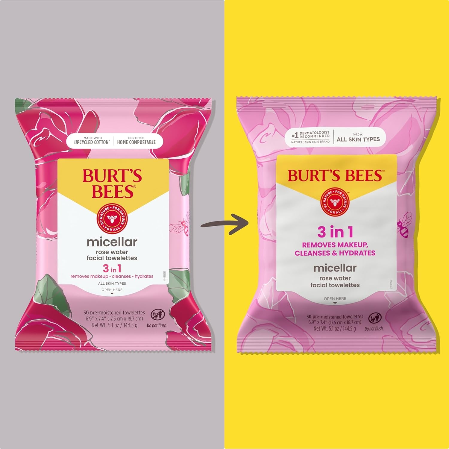 Burts Bees Micellar Rose Water Facial Towelettes, 100% Plant Based Cloth; 99% Natural Origin; Remove Makeup, Cleanse, Hydrate; No Greasy, Oily Residue; All Skin Types; 30 Ct, Pack of 3 (Pack May Vary)