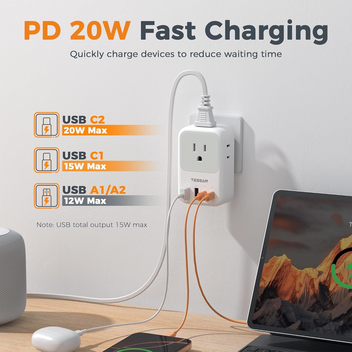 USB C Charger Block 20W,  PD Fast Charging Adapter with Foldable Plug, 1875W Power Outlet Extender(4 AC and 4 USB) for Cruise, Home, Office, Dorm