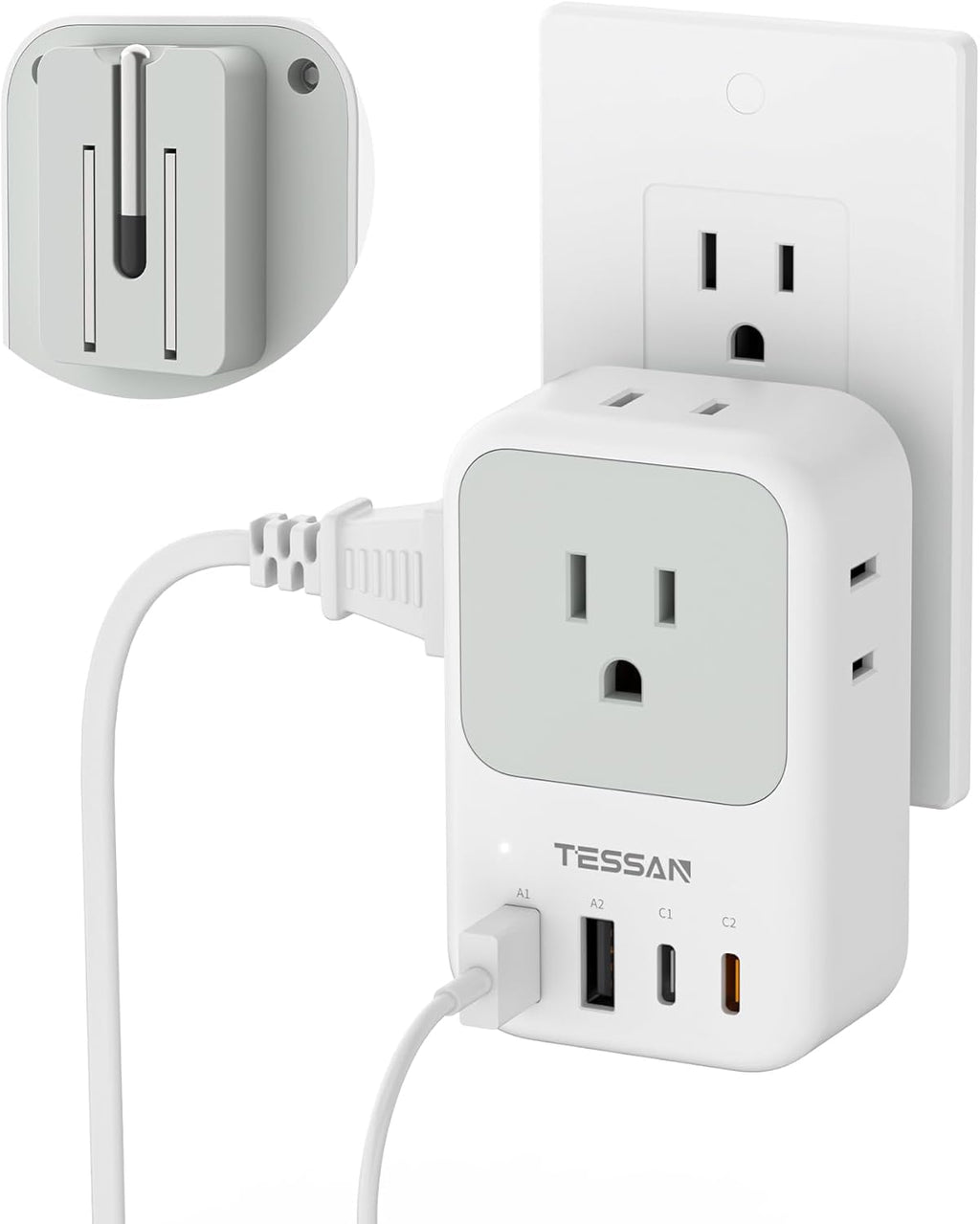 USB C Charger Block 20W,  PD Fast Charging Adapter with Foldable Plug, 1875W Power Outlet Extender(4 AC and 4 USB) for Cruise, Home, Office, Dorm