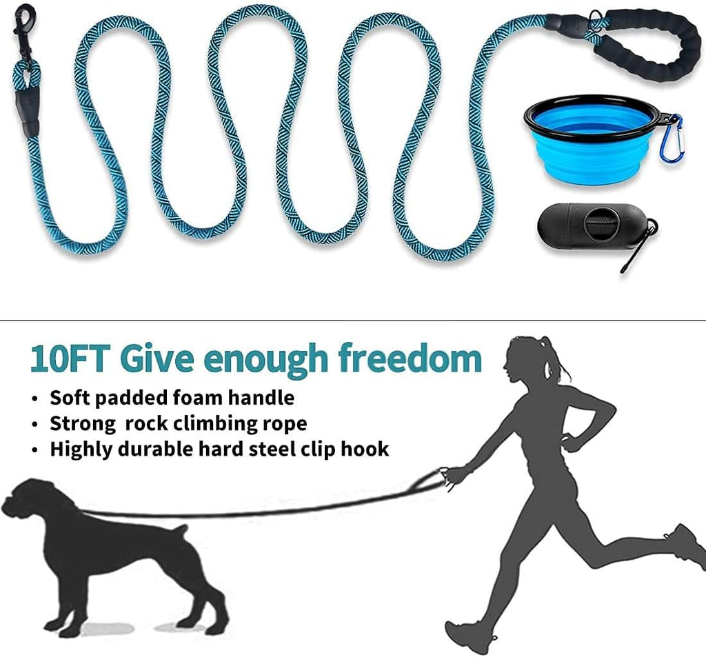 Dog Leash 10FT Thick Durable Nylon Rope - Comfortable Padded Handle Non Reflective Rope Dog Leash for Medium Large Dogs with Collapsible Pet Bowl and Garbage Bags (Non-Reflective10 FT -Blue