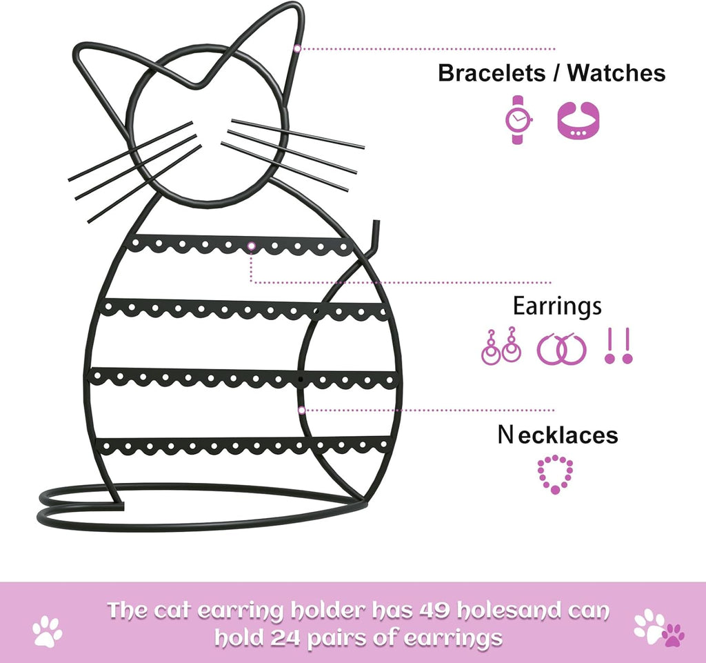 Jewelry Organizer Stand Cat Shaped Earring Holder Organizer Metal 48 Stud Earring Holes Jewelry Holder, Metal Jewelry Display Vanity Organizer for Girls - Black