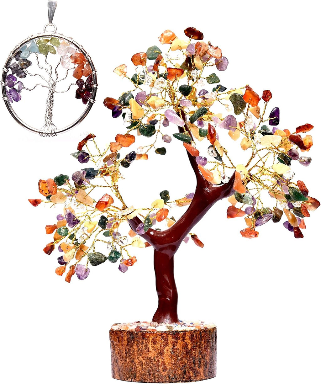 Crystals and Healing Stones Multi 7 Chakra Natural Healing Gemstone Crystal Bonsai Fortune Money Tree for Good Luck, Wealth & Prosperity-Home Office Decor Spiritual Gift Gold Wire and 300 Beads