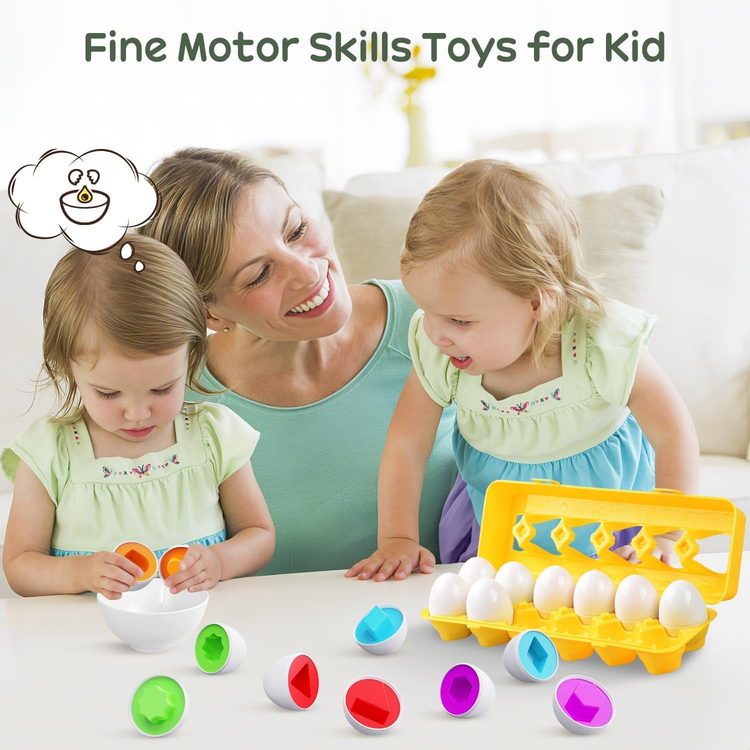 Matching Egg Toy 12 PCS for Toddlers Ages 1-3 Kids, Easter Eggs Shape & Color Recognition with Carton, Montessori Sensory Sorter Toddler Toys for Travel Play, Gifts for Year Old Baby (Yellow)