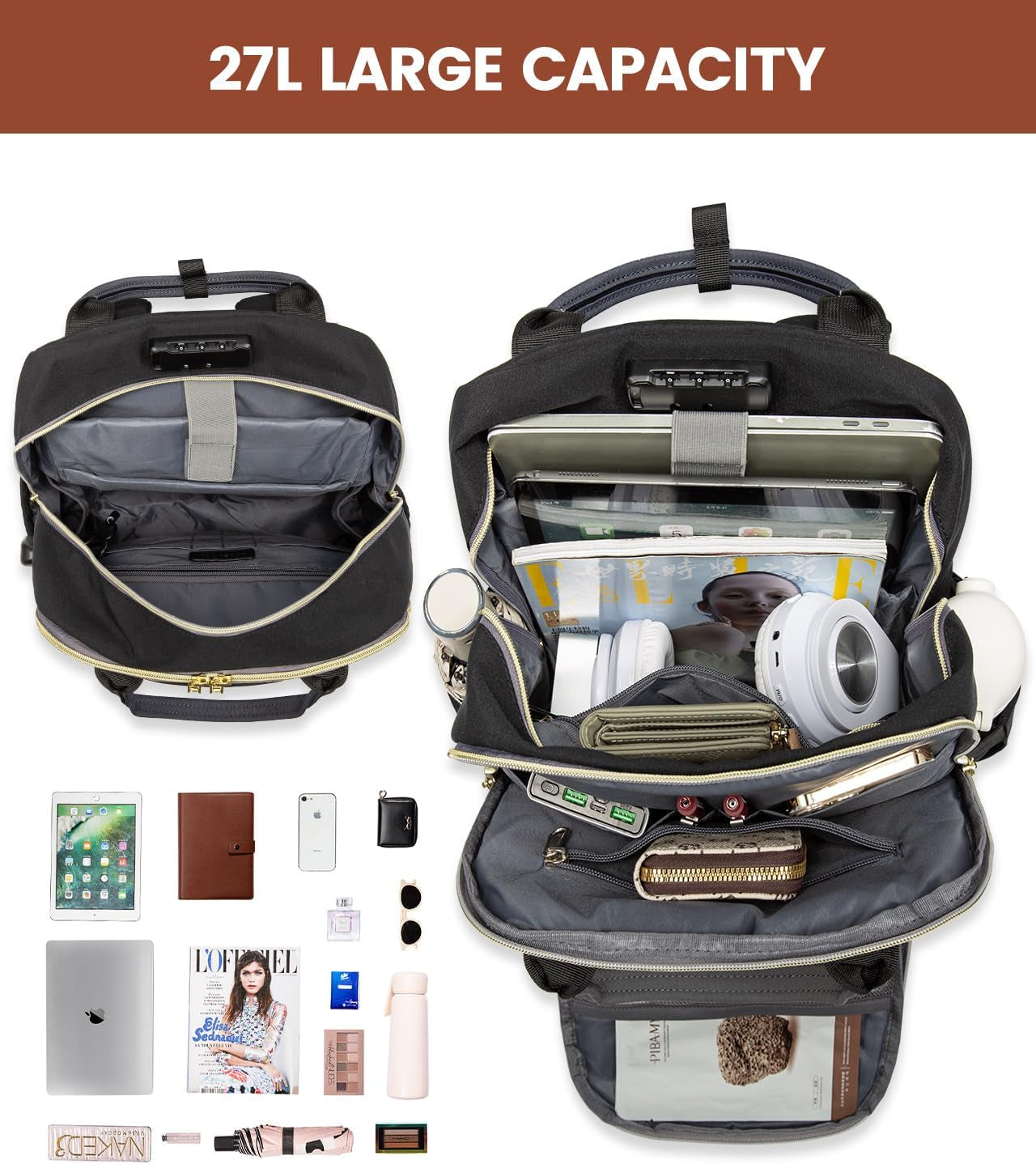 Laptop Backpack for Women, Unisex Travel Anti-Theft Bag, Business Work Computer Backpacks Purse for Men, Casual Hiking Daypack with Lock, 15.6 Inch, Black-Grey