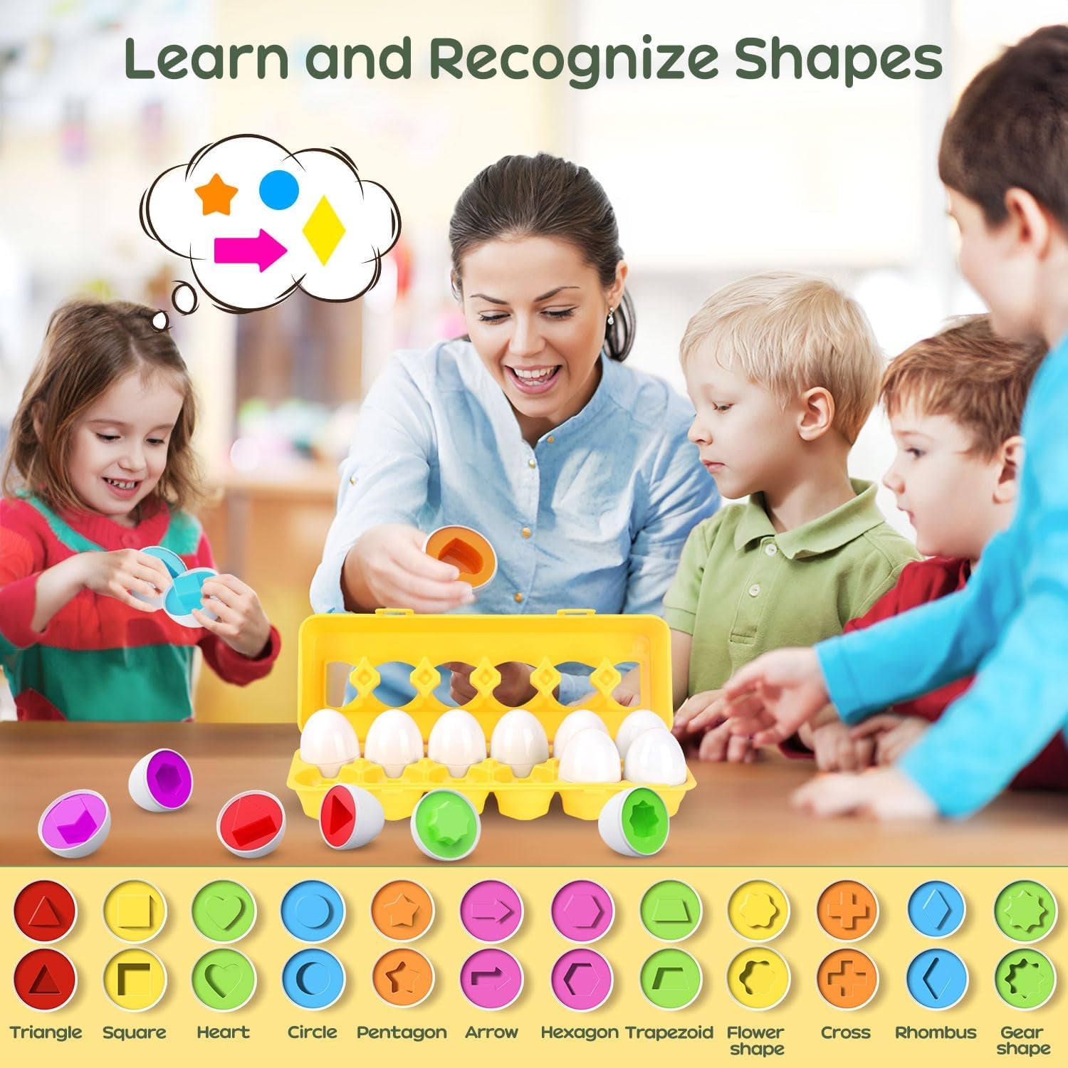 Matching Egg Toy 12 PCS for Toddlers Ages 1-3 Kids, Easter Eggs Shape & Color Recognition with Carton, Montessori Sensory Sorter Toddler Toys for Travel Play, Gifts for Year Old Baby (Yellow)