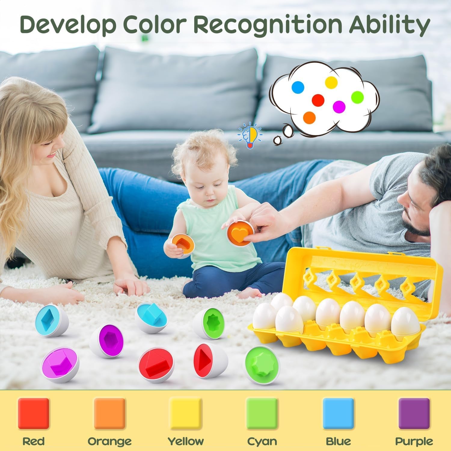 Matching Egg Toy 12 PCS for Toddlers Ages 1-3 Kids, Easter Eggs Shape & Color Recognition with Carton, Montessori Sensory Sorter Toddler Toys for Travel Play, Gifts for Year Old Baby (Yellow)