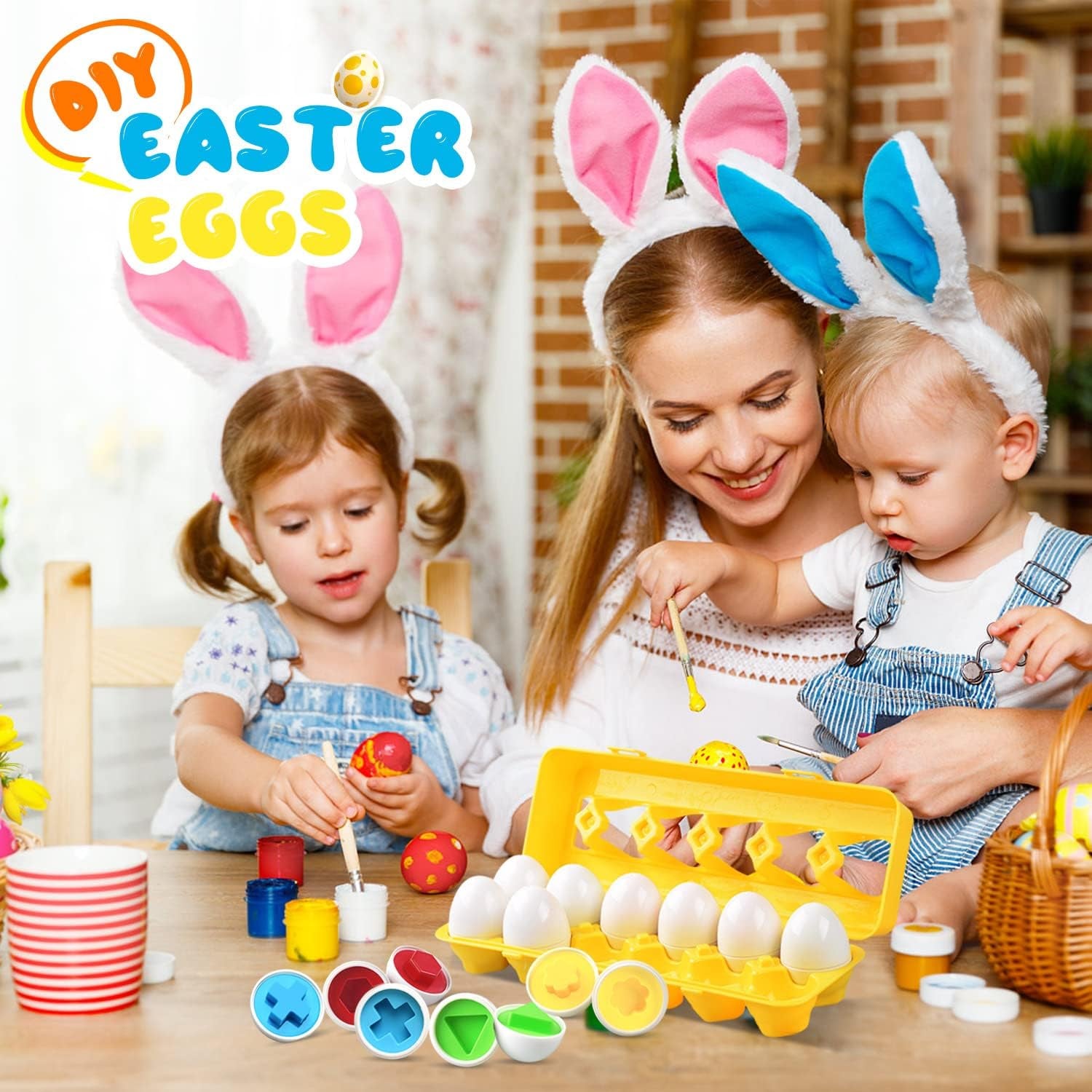 Matching Egg Toy 12 PCS for Toddlers Ages 1-3 Kids, Easter Eggs Shape & Color Recognition with Carton, Montessori Sensory Sorter Toddler Toys for Travel Play, Gifts for Year Old Baby (Yellow)