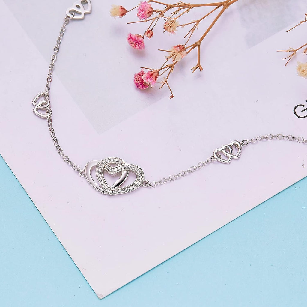 Ankle Bracelets for Women,Sterling Silver Heart Foot Anklet Large Bracelet,Christmas Birthday Mothers Day Gifts for Mom Wife Her Girlfriend from Daughter Son Husband